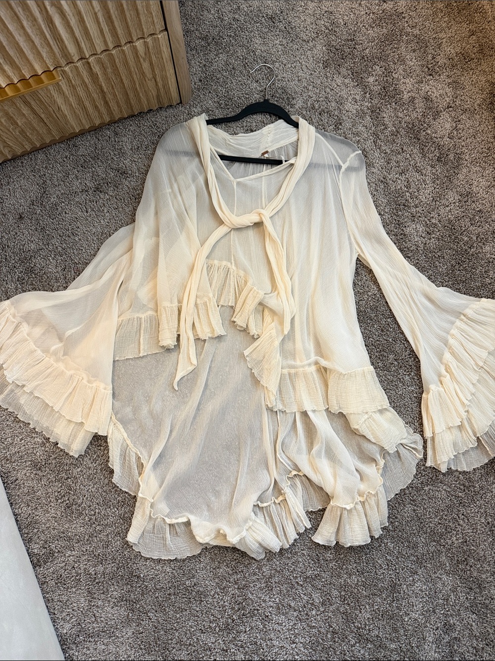 Free People Ivory Ruffle Tie-Neck Sheer Blouse